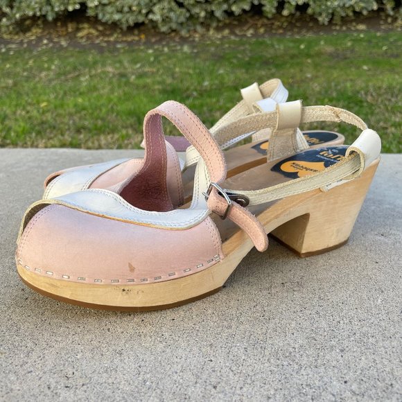 RARE Hasbeens wooden clogs - pink & white - cross-strap - Picture 4 of 7